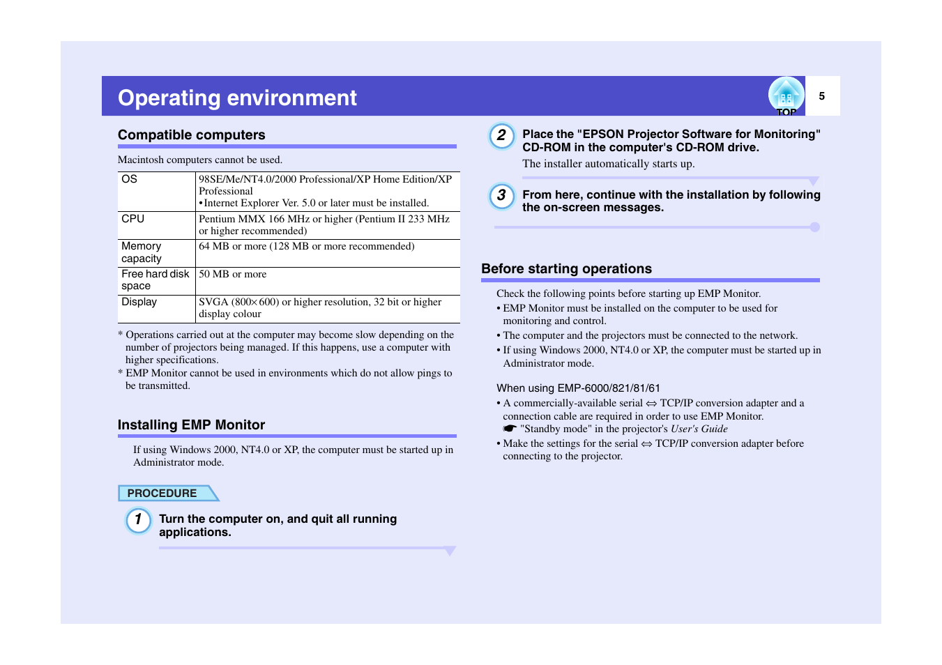 Operating environment, Compatible computers, Installing emp monitor | Before starting operations | Epson V4.10 User Manual | Page 6 / 34