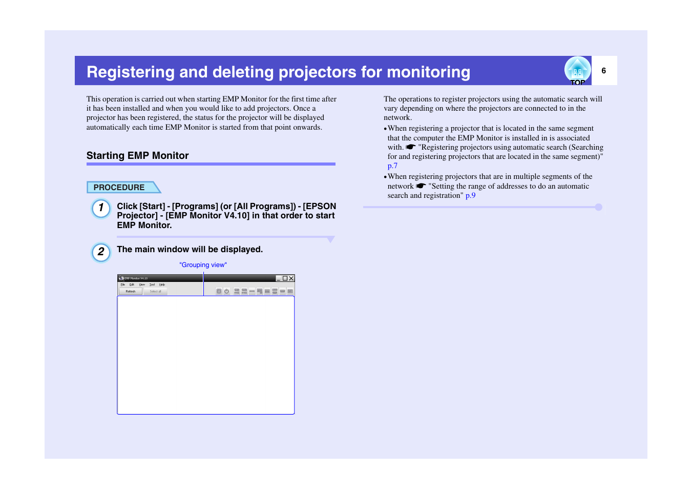 Registering and deleting projectors for monitoring, Starting emp monitor | Epson V4.10 User Manual | Page 7 / 34