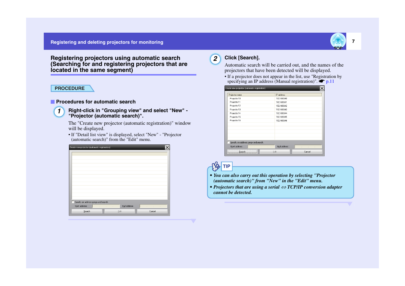 Procedures for automatic search, Registering projectors using automatic search | Epson V4.10 User Manual | Page 8 / 34