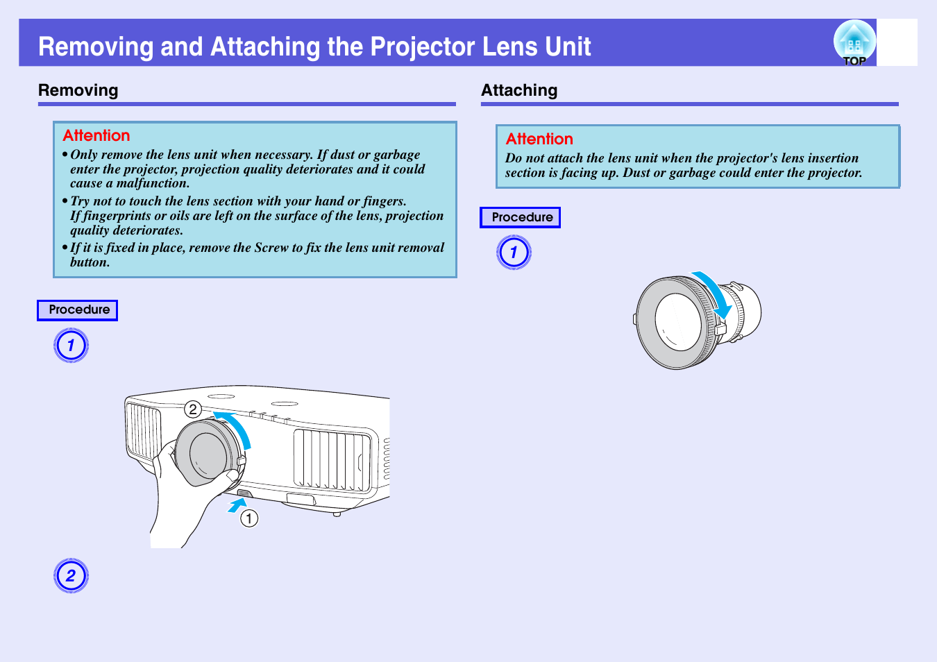 Removing and attaching the projector lens unit, Removing, Attaching | Removing attaching, Removing and attaching the projector lens, Unit | Epson EB-G5200W User Manual | Page 102 / 131