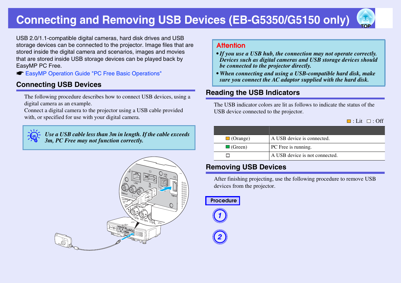 Connecting usb devices, Reading the usb indicators, Removing usb devices | P. s, P.104, Connecting and removing usb devices, Eb-g5350/g5150 only) | Epson EB-G5200W User Manual | Page 104 / 131