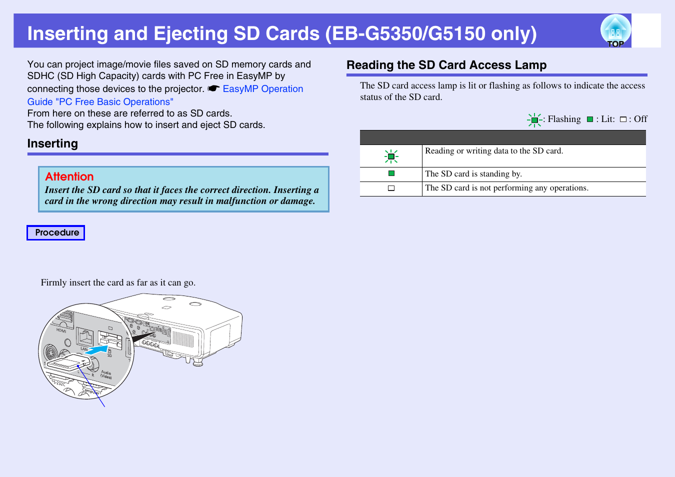 Inserting, Reading the sd card access lamp, Inserting reading the sd card access lamp | P.105, Inserting and ejecting sd cards, Eb-g5350/g5150 only) | Epson EB-G5200W User Manual | Page 105 / 131