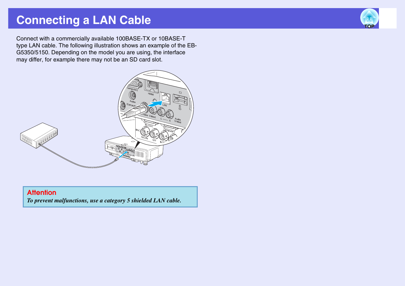 Connecting a lan cable, P.107 | Epson EB-G5200W User Manual | Page 107 / 131