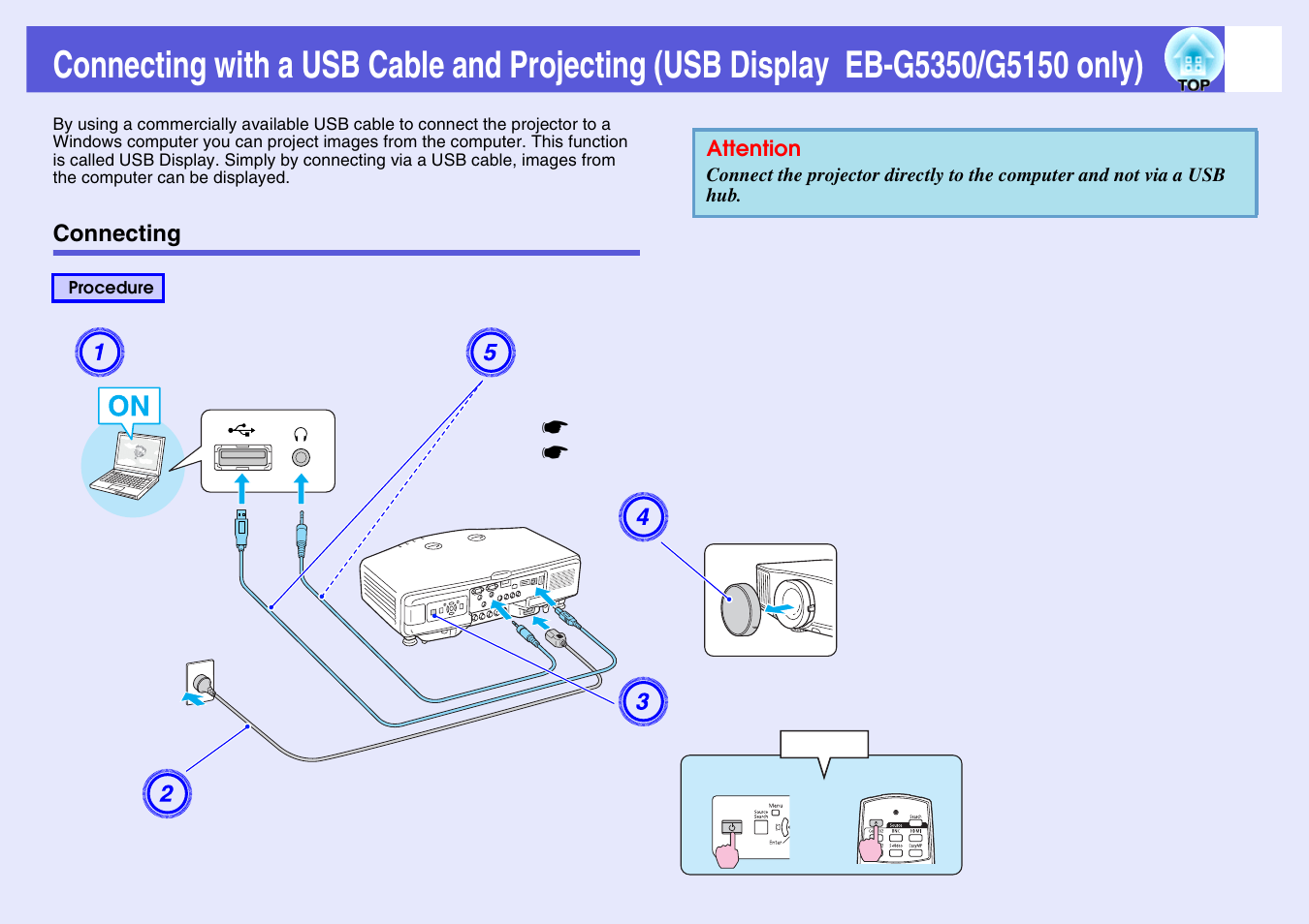 Connecting, Connecting with a usb cable and projecting, Usb display eb-g5350/g5150 only) | D. s, P.108 | Epson EB-G5200W User Manual | Page 108 / 131