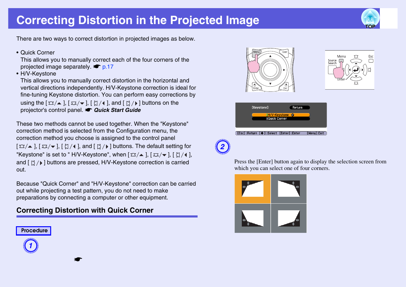 Correcting distortion in the projected image, Correcting distortion with quick corner, Correcting distortion in the | Projected image | Epson EB-G5200W User Manual | Page 17 / 131
