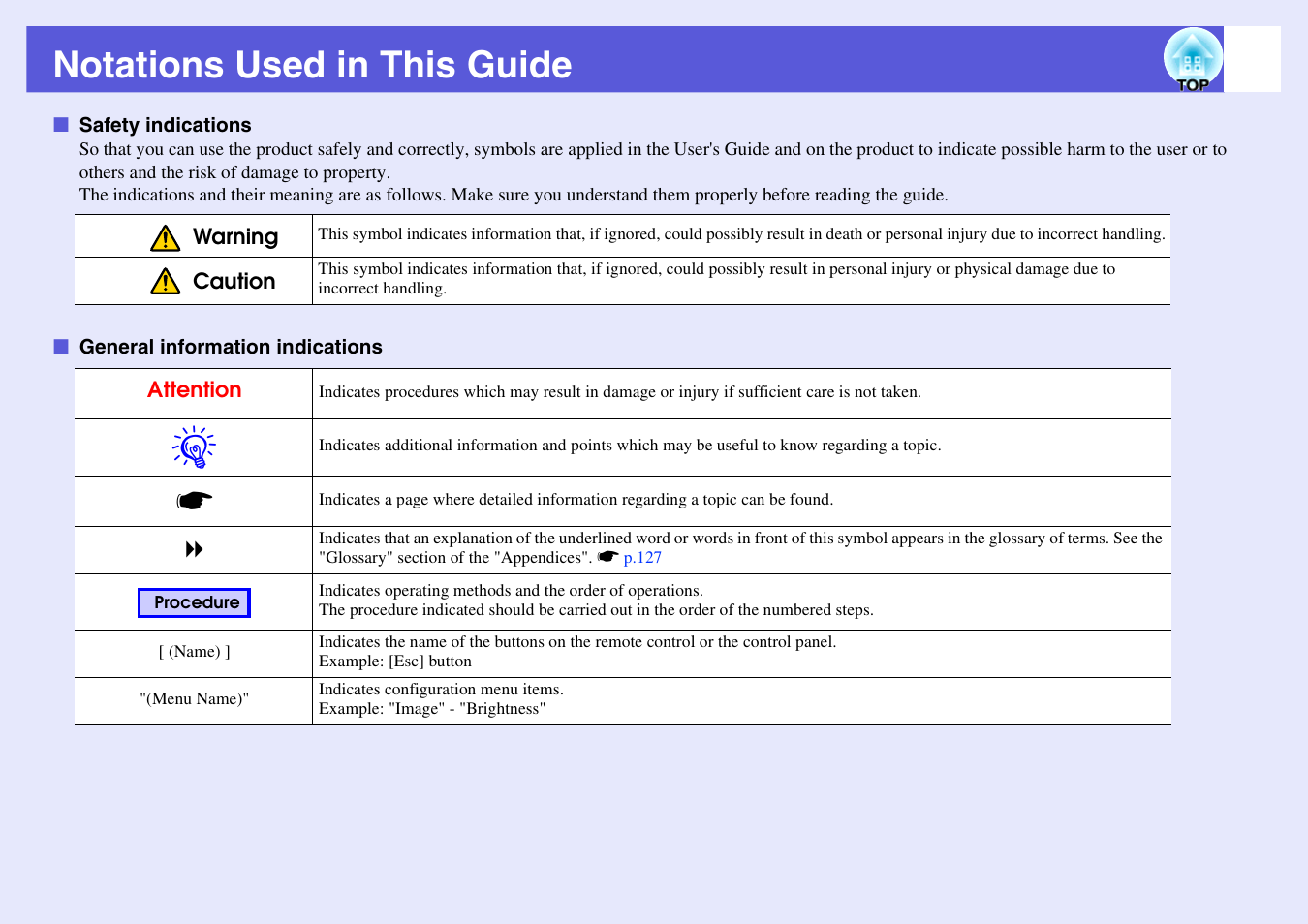 Notations used in this guide | Epson EB-G5200W User Manual | Page 2 / 131