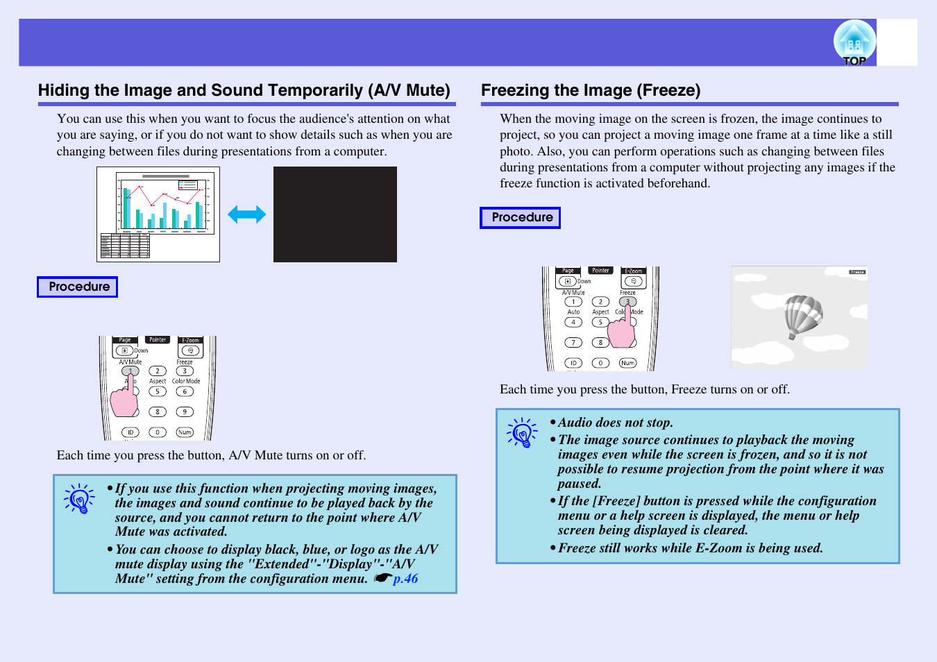 Hiding the image and sound temporarily (a/v mute), Freezing the image (freeze), P.22 | D. s, Hiding the image and sound temporarily, A/v mute) | Epson EB-G5200W User Manual | Page 22 / 131
