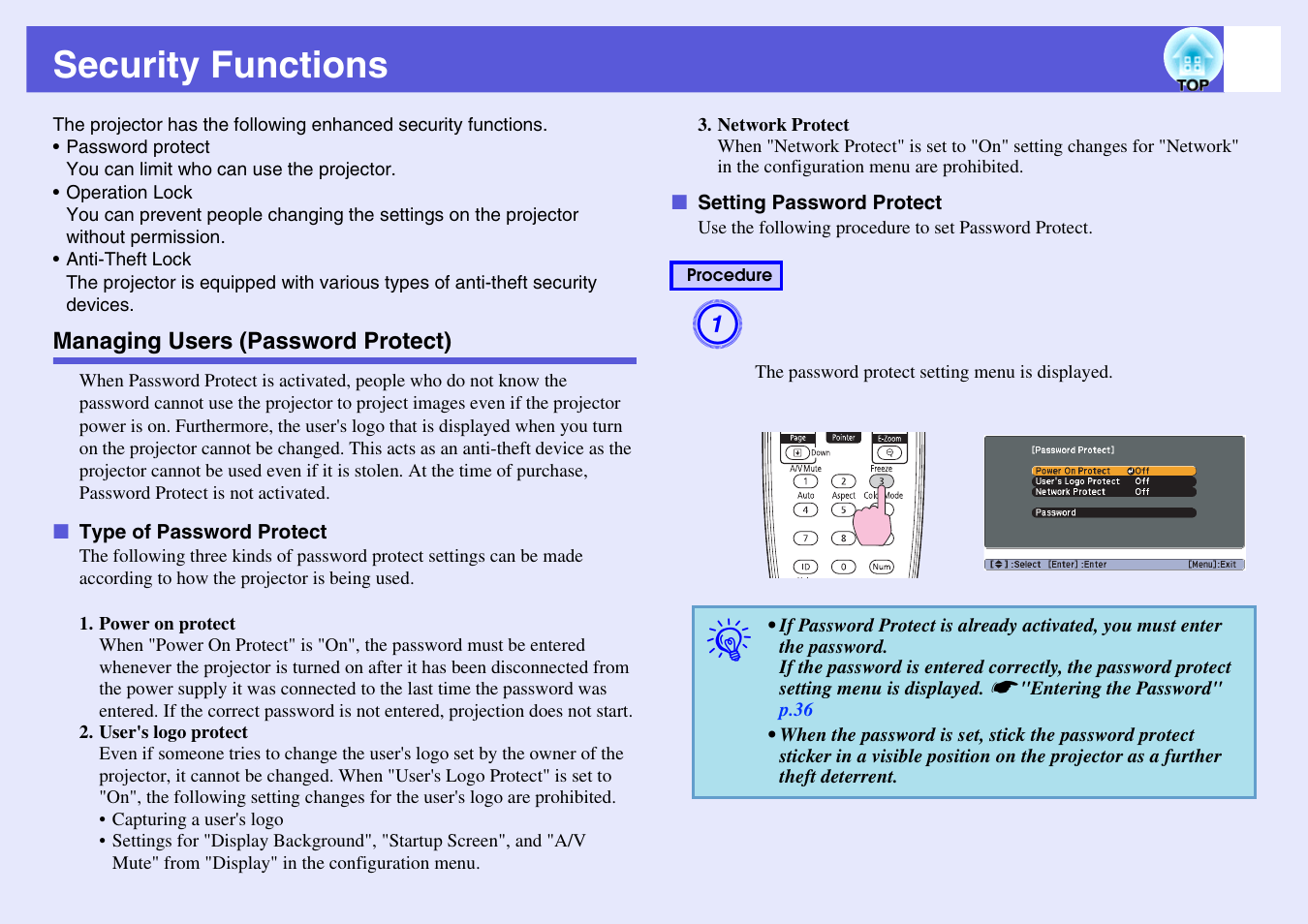 Security functions, Managing users (password protect), P.34 | And so on. s, Type of password protect setting password protect | Epson EB-G5200W User Manual | Page 34 / 131