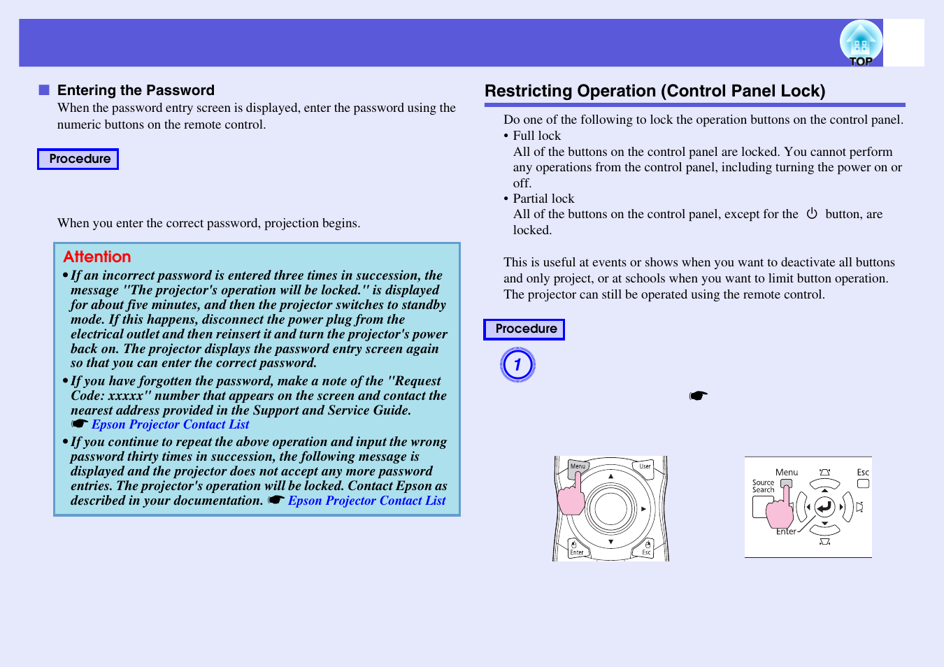 Restricting operation (control panel lock), In schools, and so on, P.36 | Entering the password | Epson EB-G5200W User Manual | Page 36 / 131