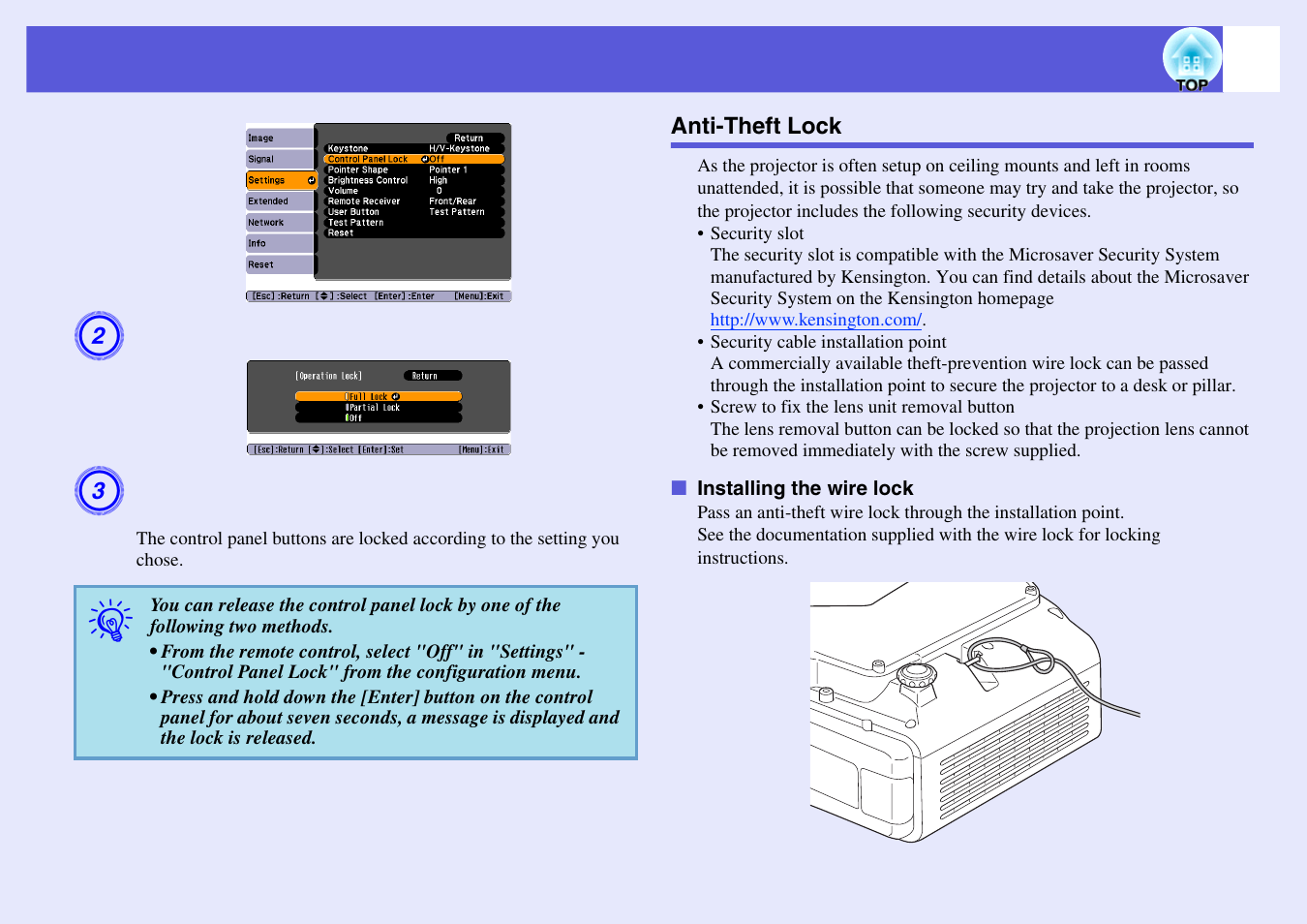 Anti-theft lock, P.37, Installing the wire lock | Epson EB-G5200W User Manual | Page 37 / 131