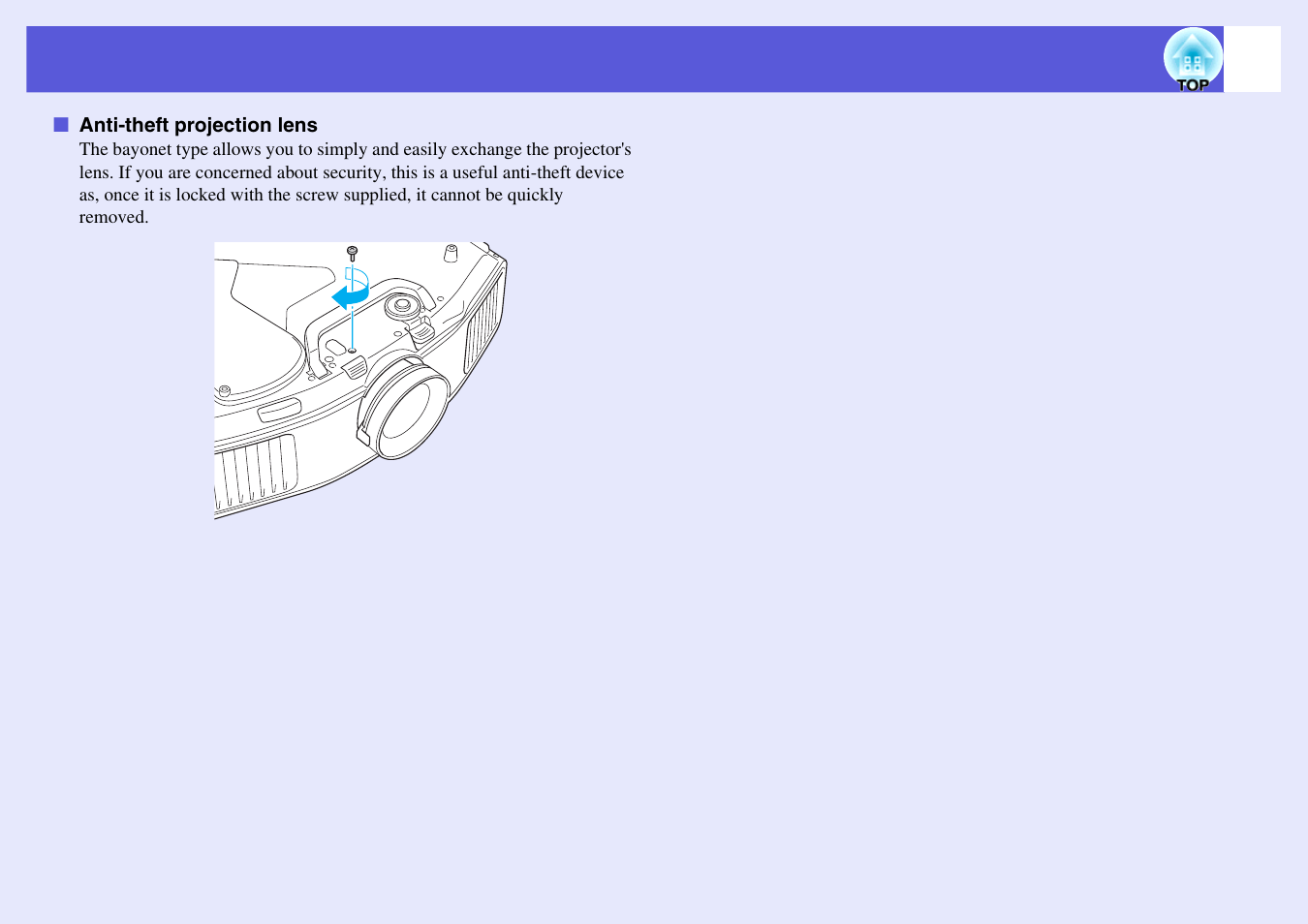 Anti-theft projection lens | Epson EB-G5200W User Manual | Page 38 / 131