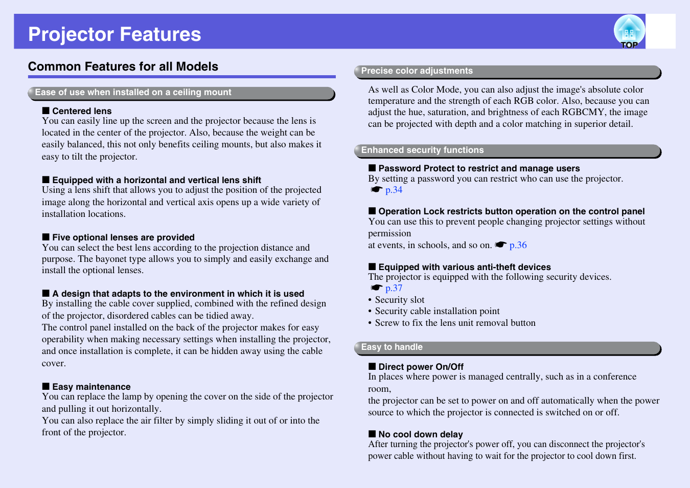 Projector features, Common features for all models | Epson EB-G5200W User Manual | Page 5 / 131