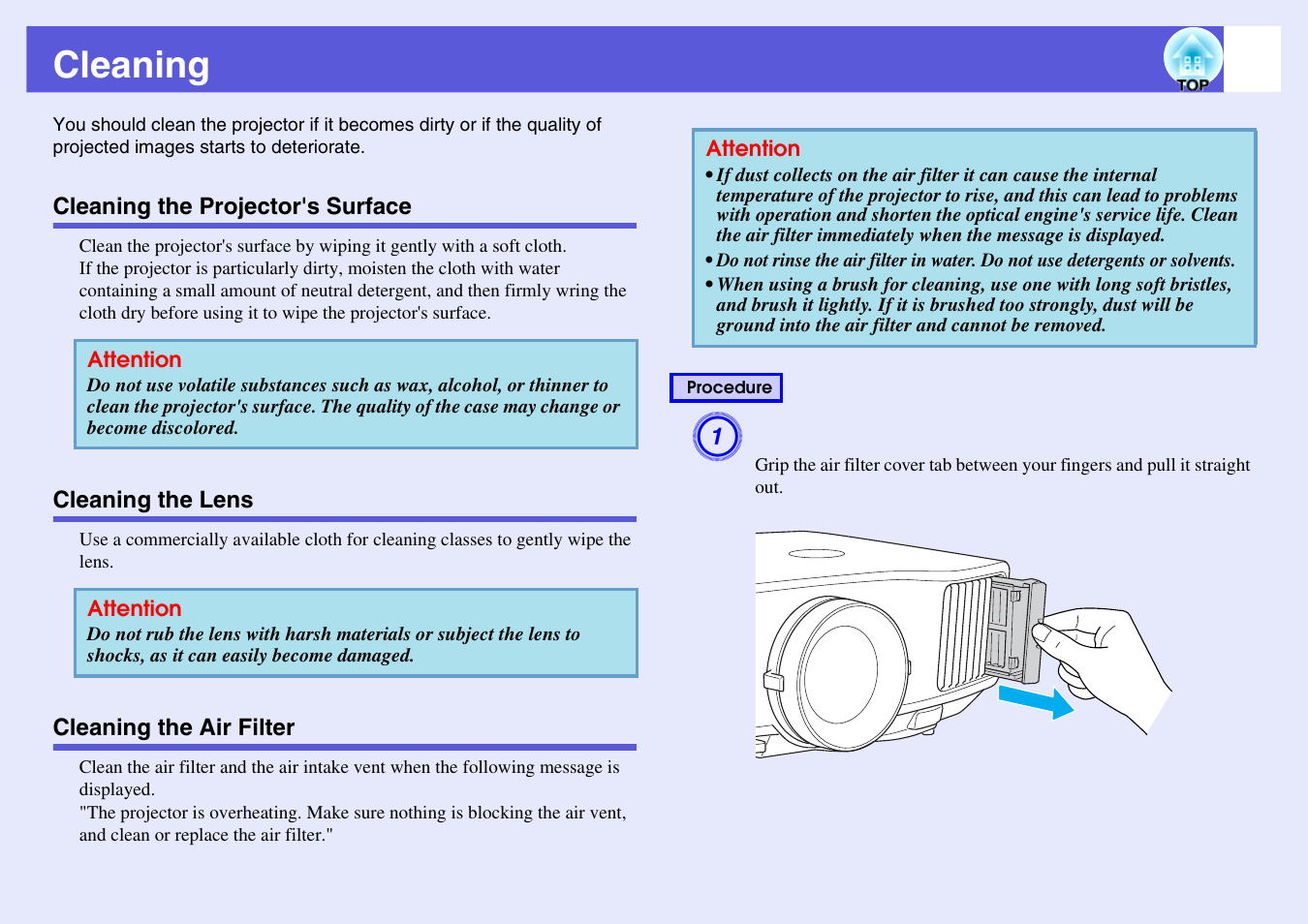 Cleaning, Cleaning the projector's surface, Cleaning the lens | Cleaning the air filter, P.81 | Epson EB-G5200W User Manual | Page 81 / 131