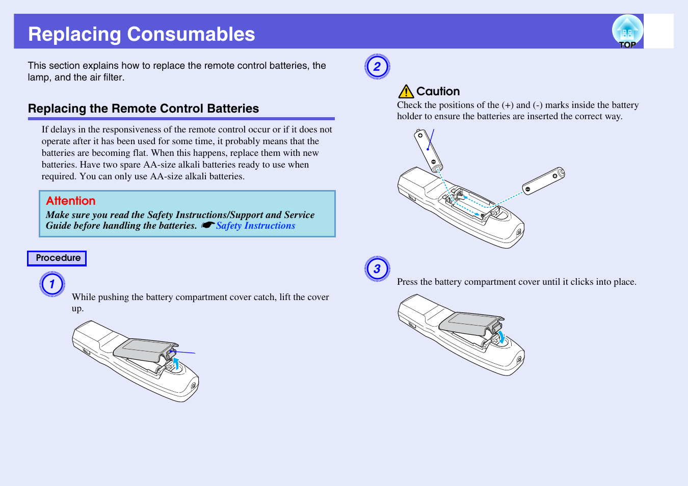 Replacing consumables, Replacing the remote control batteries, P.84 | Epson EB-G5200W User Manual | Page 84 / 131