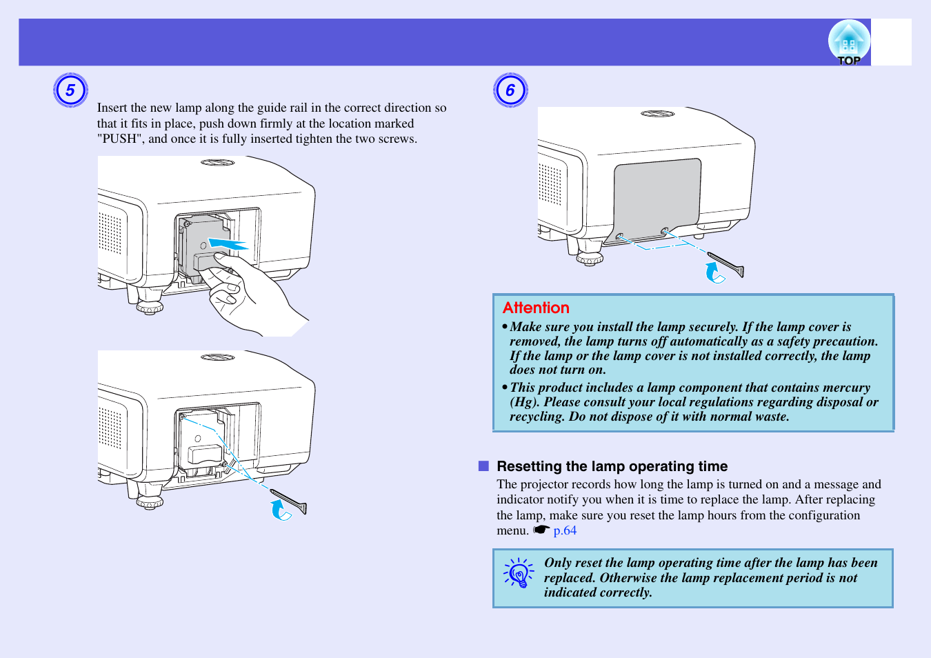 Resetting the lamp operating time | Epson EB-G5200W User Manual | Page 87 / 131