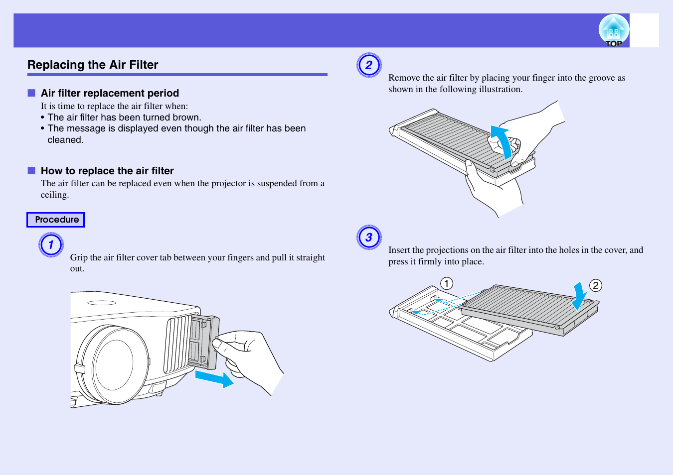Replacing the air filter, P.88 | Epson EB-G5200W User Manual | Page 88 / 131