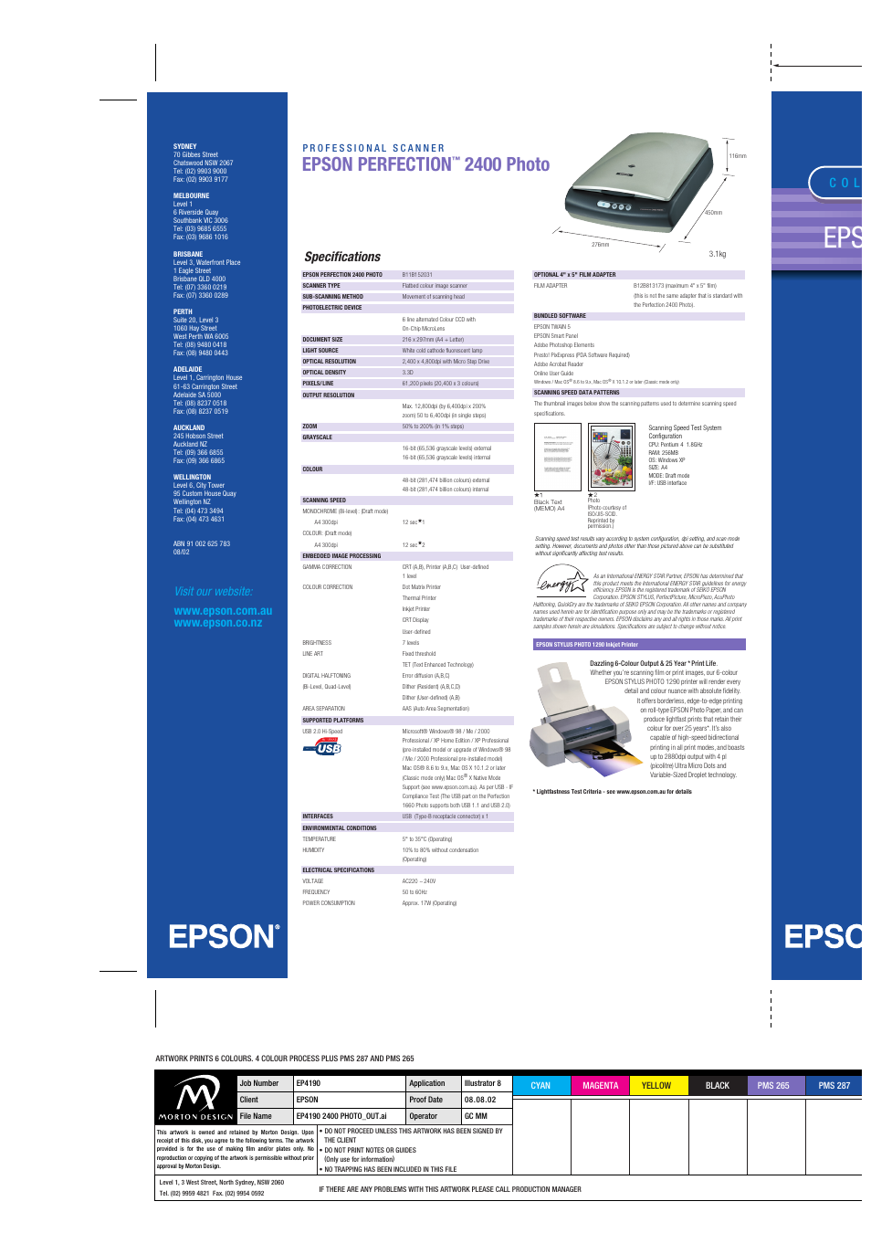 Epson perfection, 2400 photo, Specifications | C o l | Epson Perfection 2400 Photo User Manual | Page 4 / 4