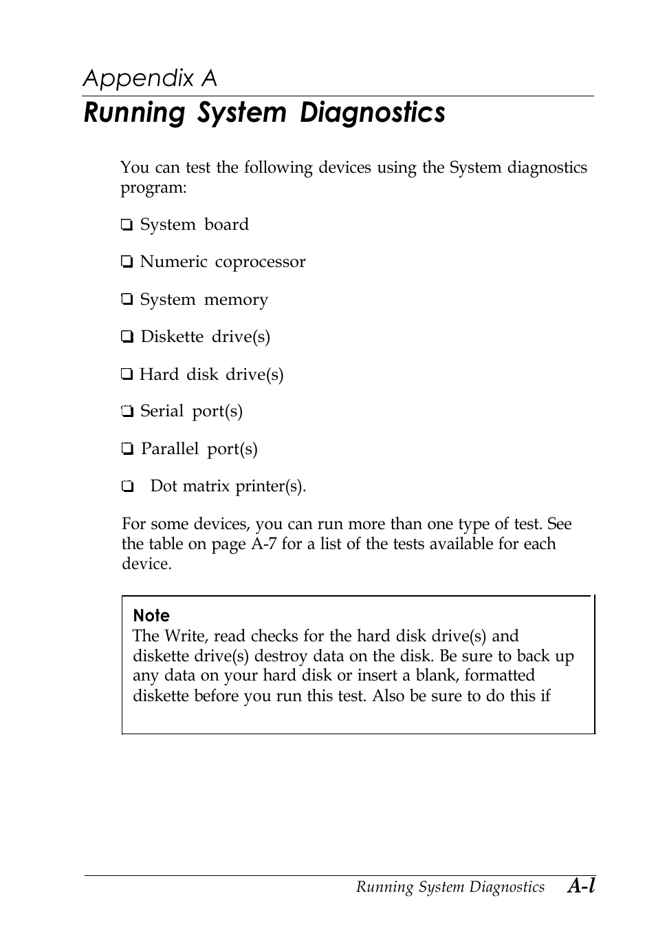 Appendix a-running system diagnostics, Running system diagnostics, Appendix a | Epson EISA Desktop User Manual | Page 111 / 184