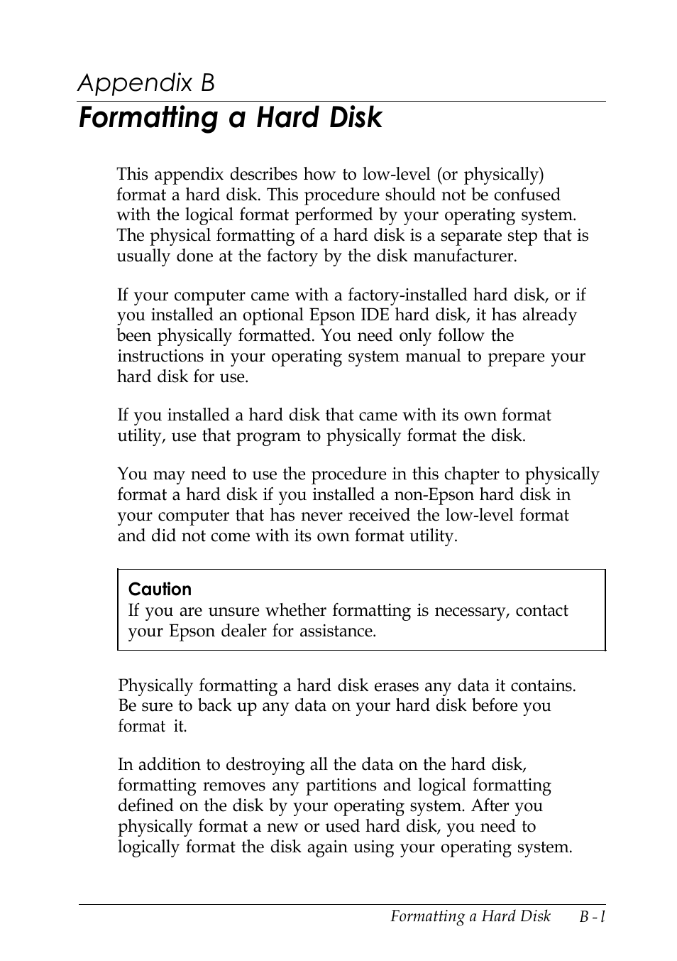 Appendix b-formatting a hard disk, Formatting a hard disk, Appendix b | Epson EISA Desktop User Manual | Page 120 / 184