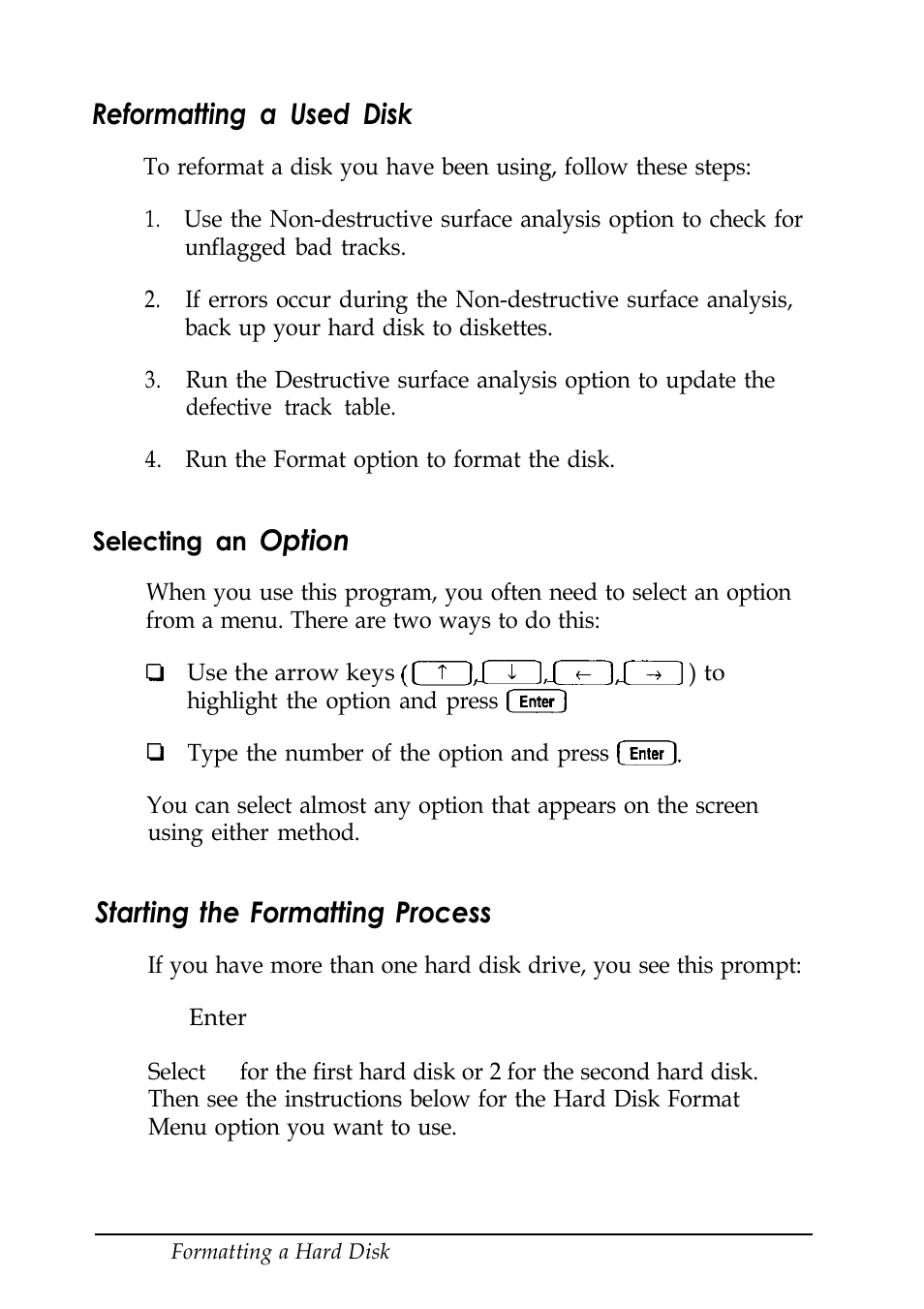 Reformatting a used disk, Selecting an option, Starting the formatting process | Option | Epson EISA Desktop User Manual | Page 123 / 184