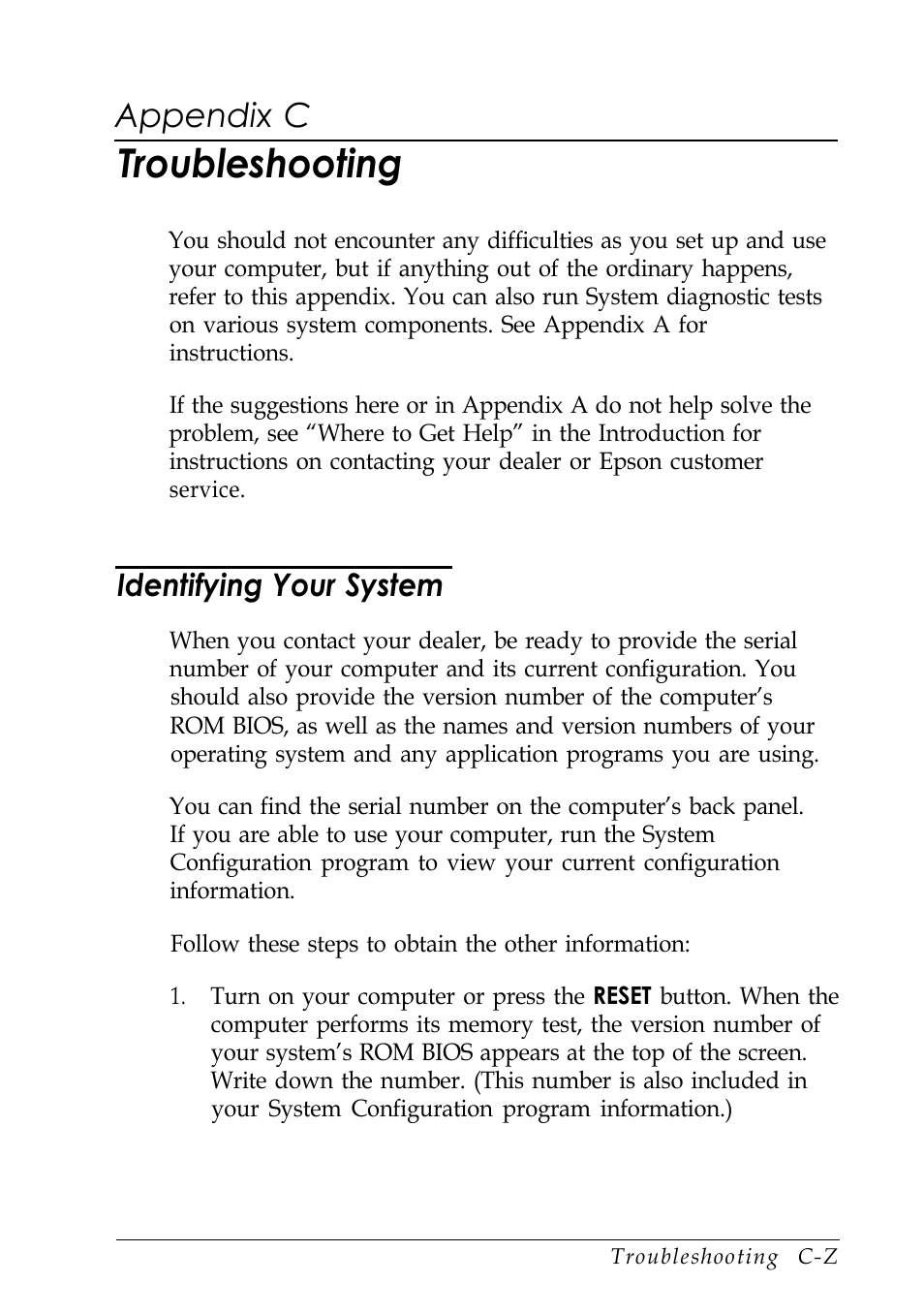 Appendix c-troubleshooting, Identifying your system, Troubleshooting | Appendix c | Epson EISA Desktop User Manual | Page 132 / 184