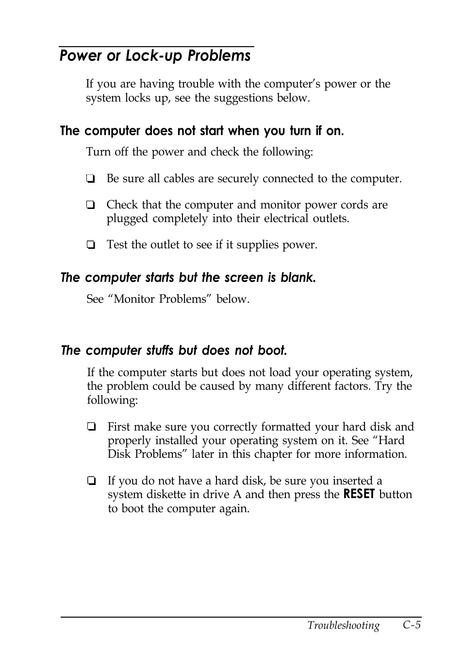 Power or lock-up problems | Epson EISA Desktop User Manual | Page 136 / 184