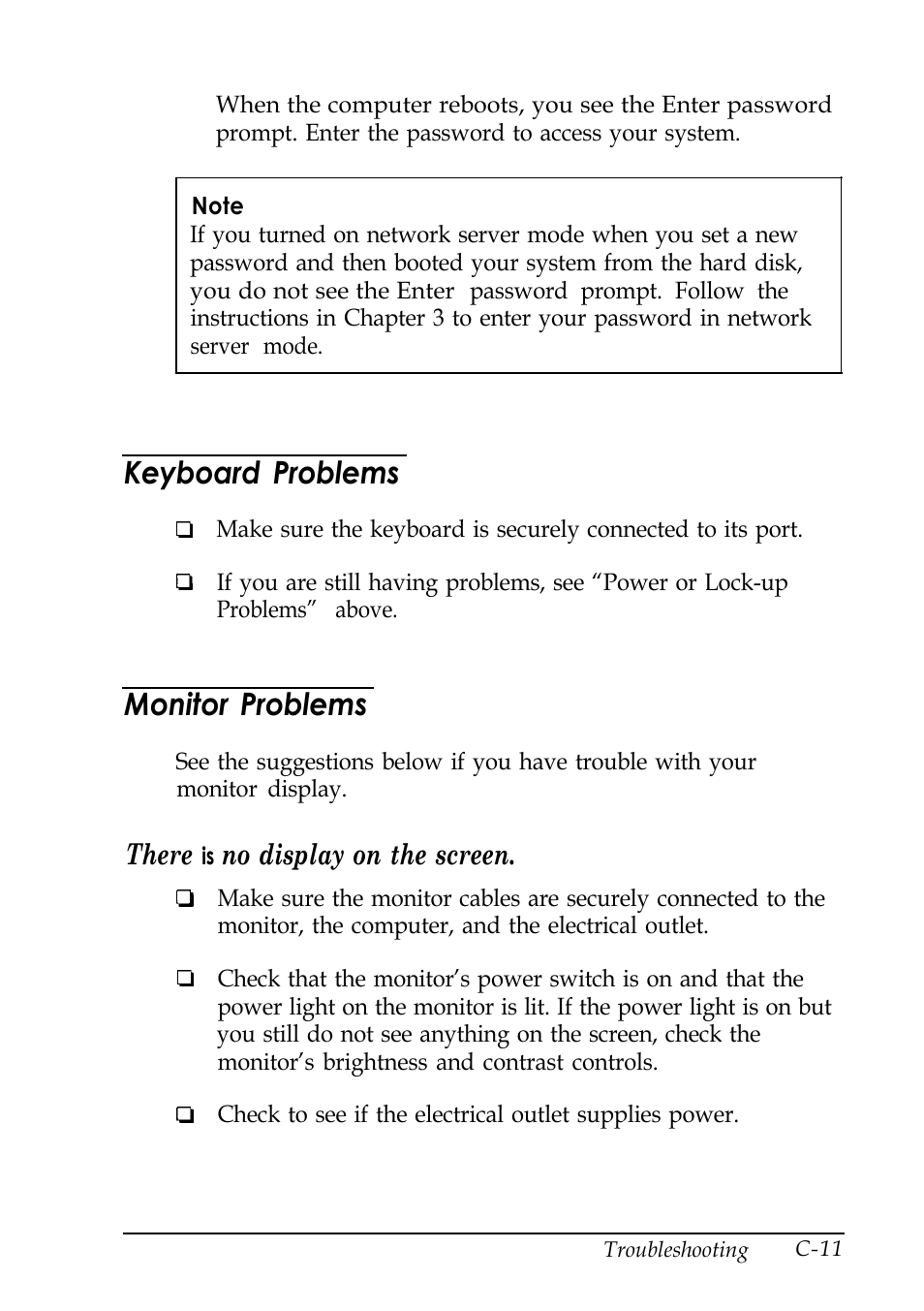 Keyboard problems, Monitor problems, C-11 | There, No display on the screen | Epson EISA Desktop User Manual | Page 142 / 184