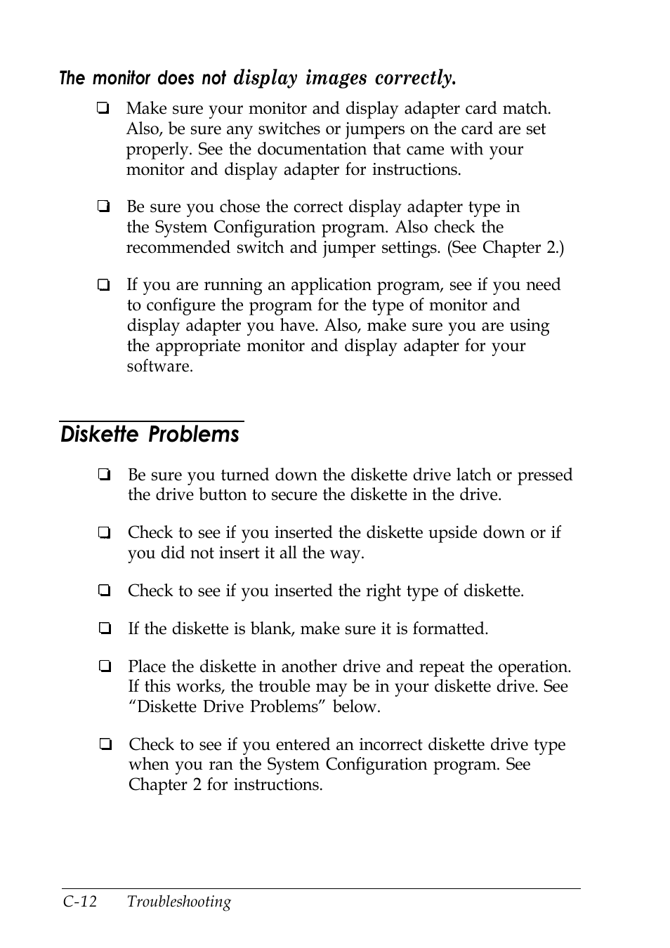 Diskette problems, C-12, Display images correctly | Epson EISA Desktop User Manual | Page 143 / 184