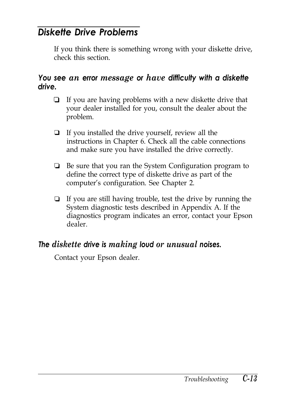 Diskette drive problems, C-13 | Epson EISA Desktop User Manual | Page 144 / 184