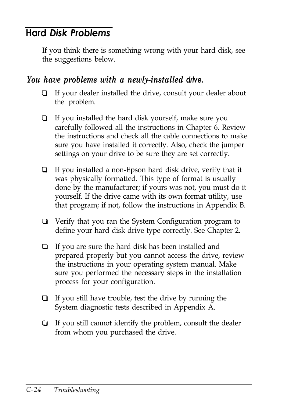 Hard disk problems, C-14, You have problems with a newly-installed | Epson EISA Desktop User Manual | Page 145 / 184