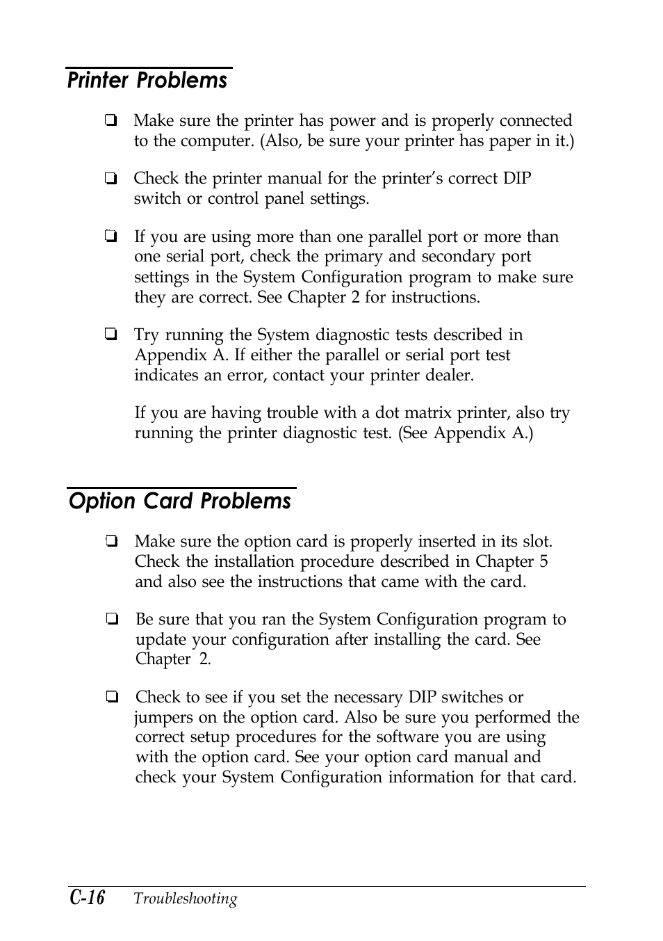 Printer problems, Option card problems, C-16 | Epson EISA Desktop User Manual | Page 147 / 184