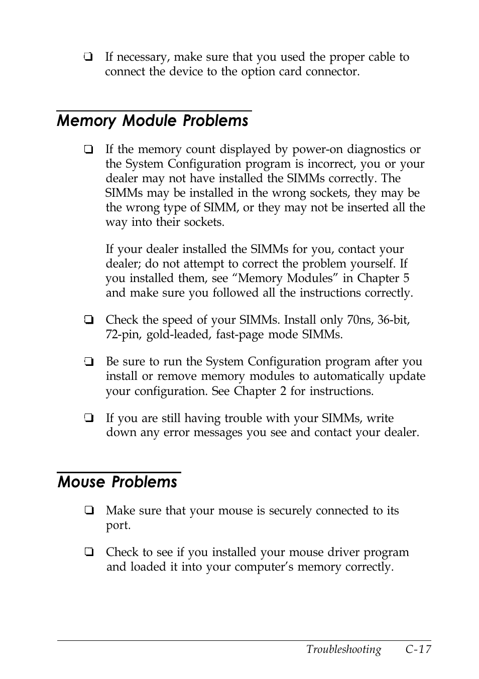 Memory module problems, Mouse problems, C-17 | Epson EISA Desktop User Manual | Page 148 / 184