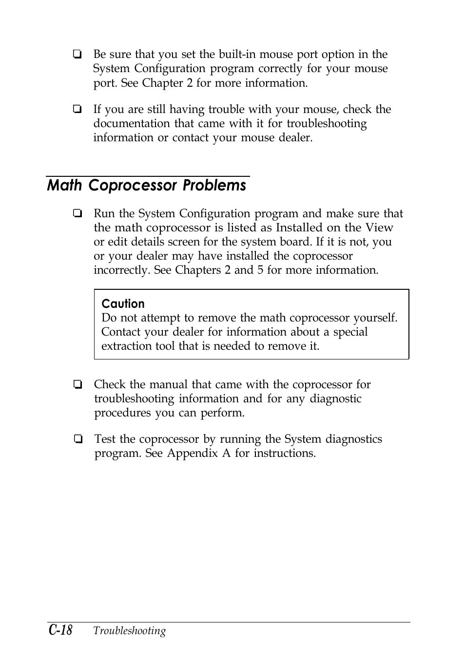 Math coprocessor problems, C-18 | Epson EISA Desktop User Manual | Page 149 / 184
