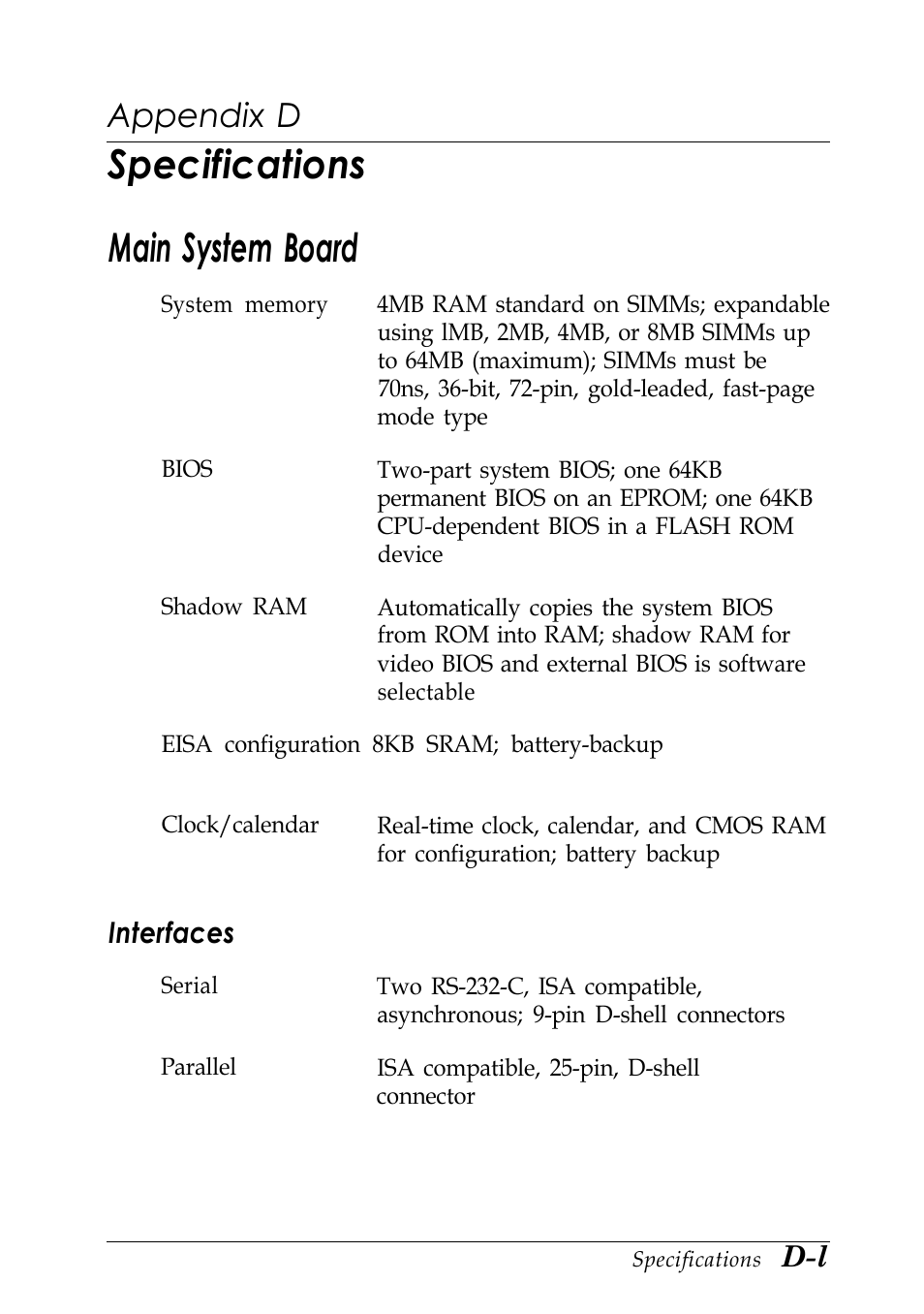 Appendix d-specifications, Main system board, Interfaces | Specifications main system board, Appendix d | Epson EISA Desktop User Manual | Page 150 / 184