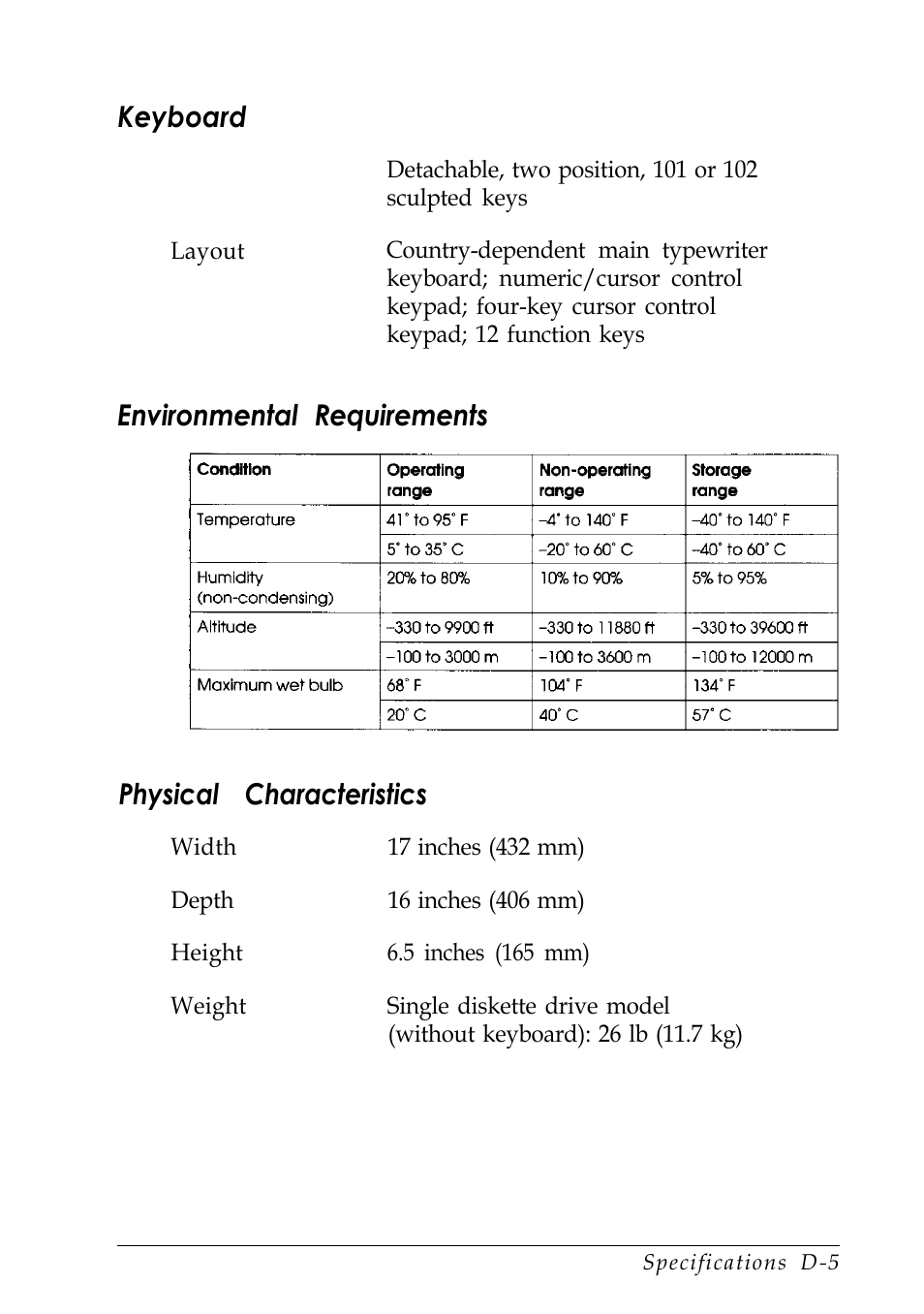 Keyboard, Environmental requirements, Physical characteristics | Epson EISA Desktop User Manual | Page 154 / 184