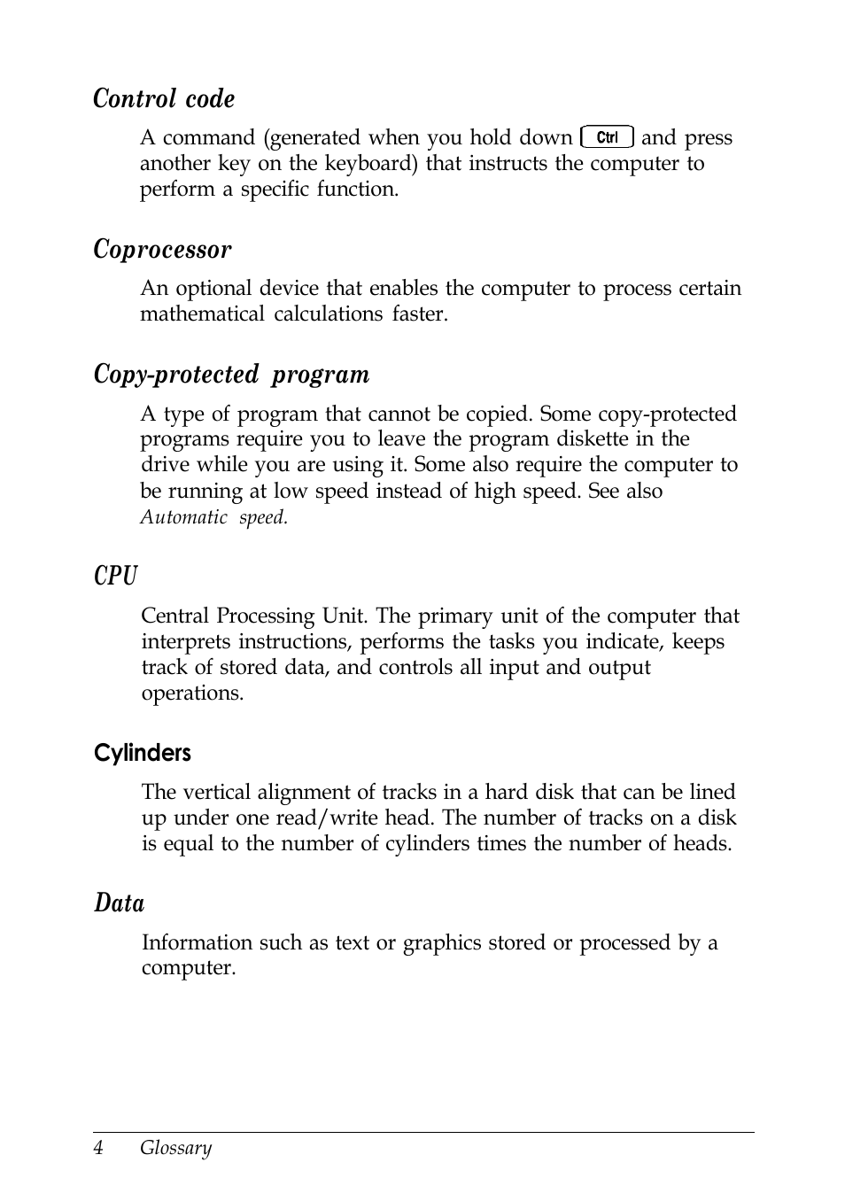 Control code, Coprocessor, Copy-protected program | Data | Epson EISA Desktop User Manual | Page 160 / 184