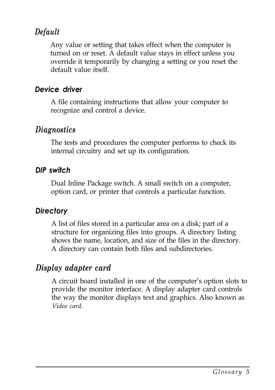 Default, Diagnostics, Display adapter card | Epson EISA Desktop User Manual | Page 161 / 184