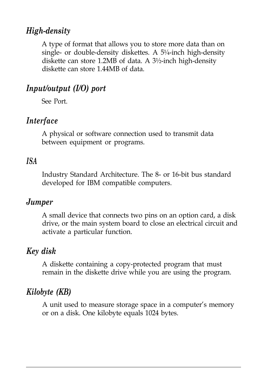 High-density, Input/output (i/o) port, Interface | Jumper, Key disk, Kilobyte (kb) | Epson EISA Desktop User Manual | Page 164 / 184