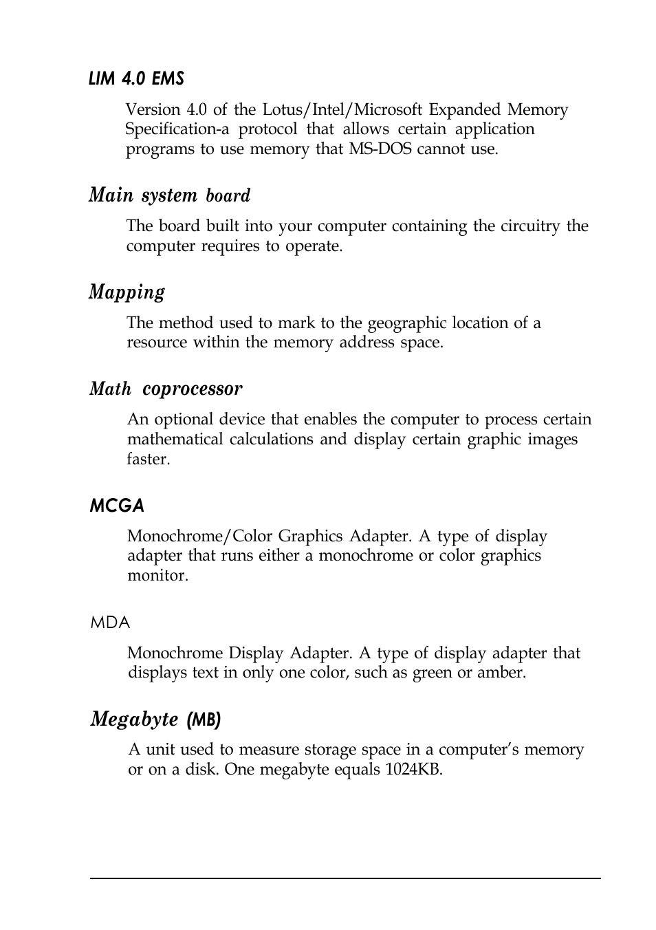 Main system, Mapping, Coprocessor | Megabyte | Epson EISA Desktop User Manual | Page 165 / 184