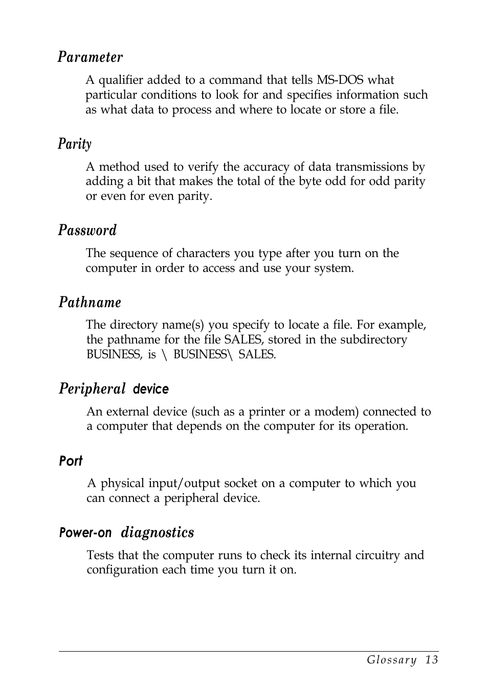 Parameter, Parity, Password | Pathname, Peripheral, Diagnostics | Epson EISA Desktop User Manual | Page 169 / 184