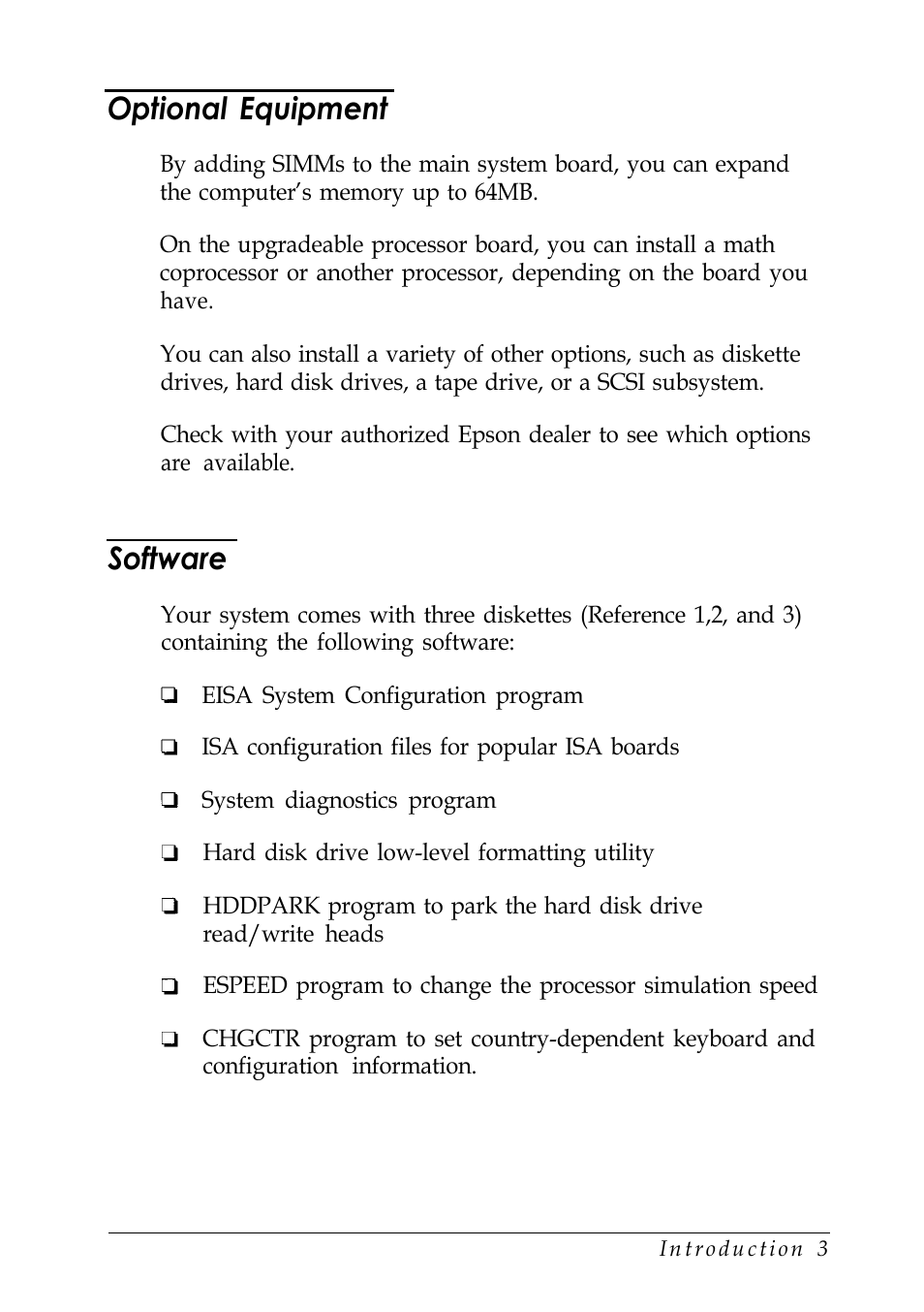 Optional equipment, Software | Epson EISA Desktop User Manual | Page 17 / 184