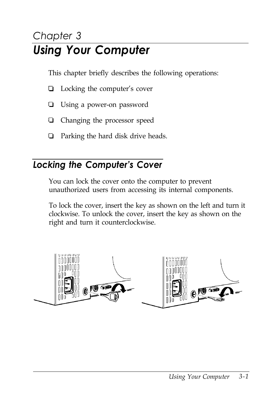 Chap 3-using your computer, Locking the computer’s cover, Using your computer | Chapter 3 | Epson EISA Desktop User Manual | Page 55 / 184