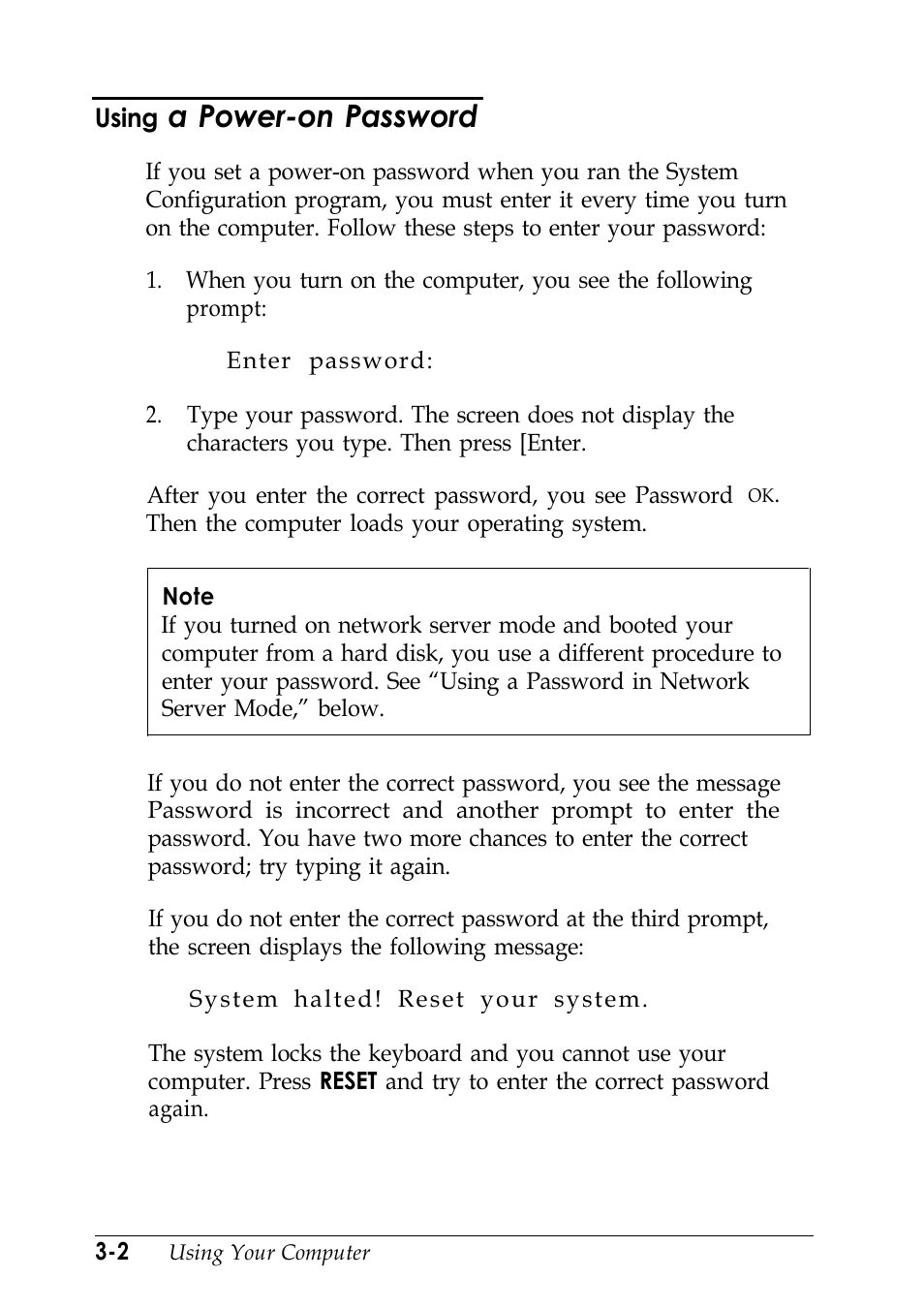 A power-on password | Epson EISA Desktop User Manual | Page 56 / 184