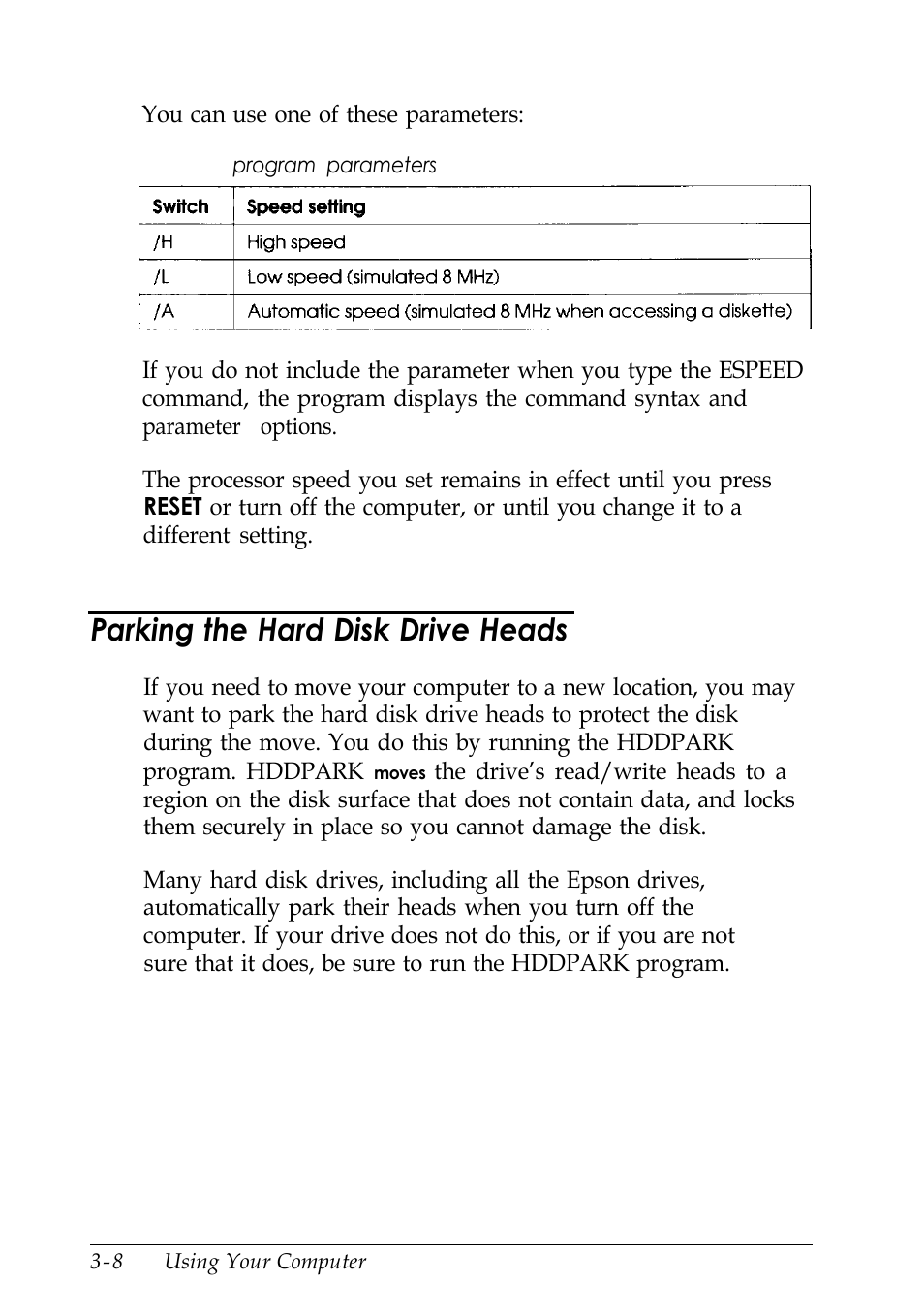 Parking the hard disk drive heads | Epson EISA Desktop User Manual | Page 62 / 184