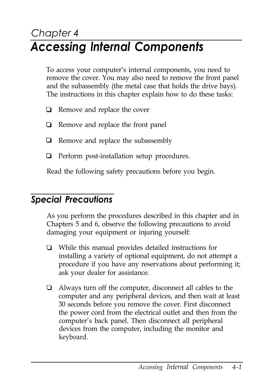 Chap 4-accessing internal components, Special precautions, Accessing lnternal components | Chapter 4 | Epson EISA Desktop User Manual | Page 64 / 184