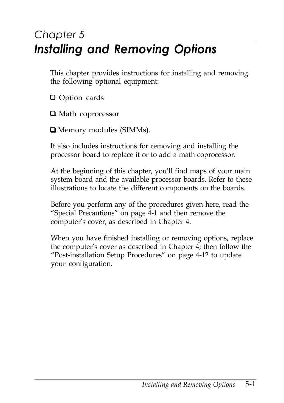 Chap 5-installing and removing options, Installing and removing options, Chapter 5 | Epson EISA Desktop User Manual | Page 76 / 184