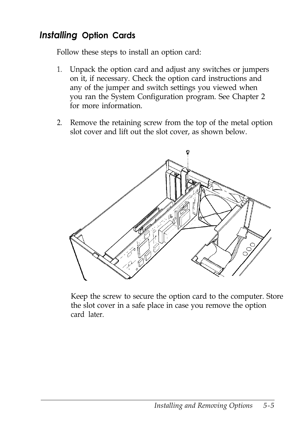 Installing option cards, Installing | Epson EISA Desktop User Manual | Page 80 / 184