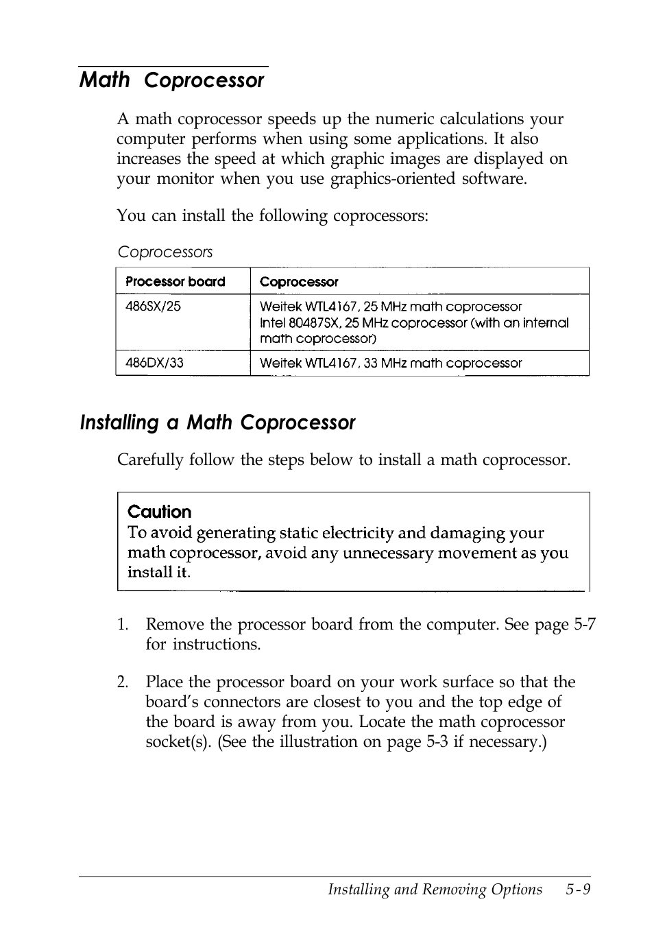 Math coprocessor, Installing a math coprocessor, Math | Coprocessor | Epson EISA Desktop User Manual | Page 84 / 184