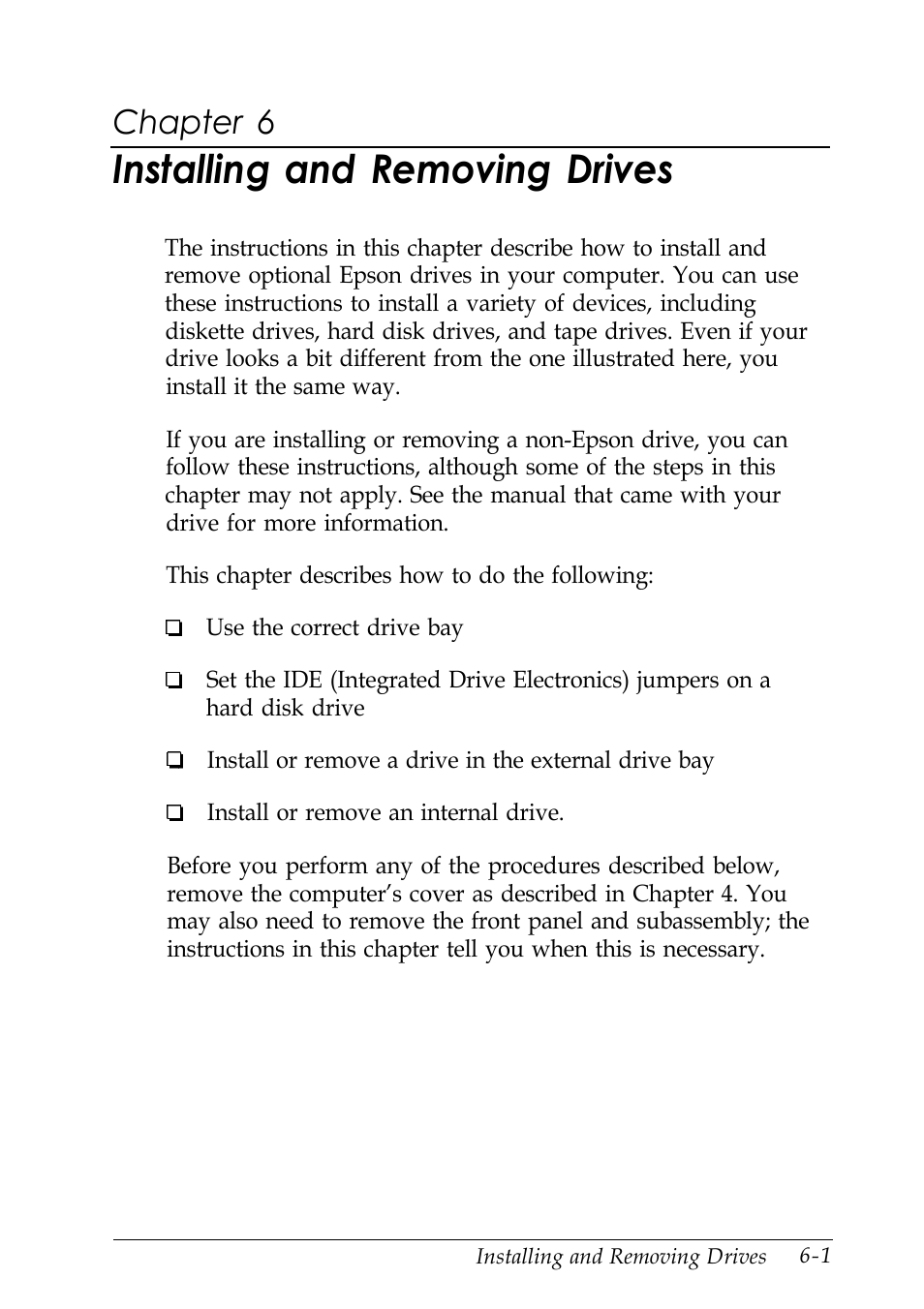 Chap 6-installing and removing drives, Installing and removing drives, Chapter 6 | Epson EISA Desktop User Manual | Page 91 / 184