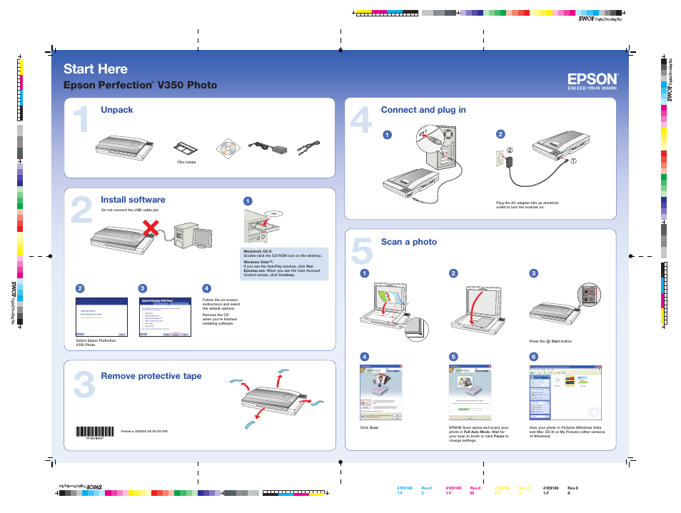 Connect and plug in, Scan a photo, Start here | Epson V350 User Manual | Page 2 / 4